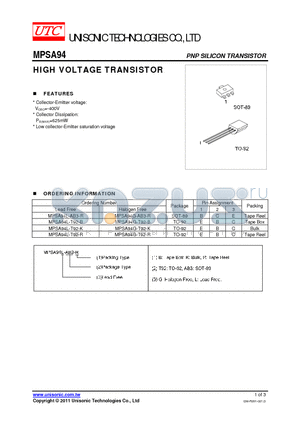 MPSA94G-T92-K datasheet - HIGH VOLTAGE TRANSISTOR