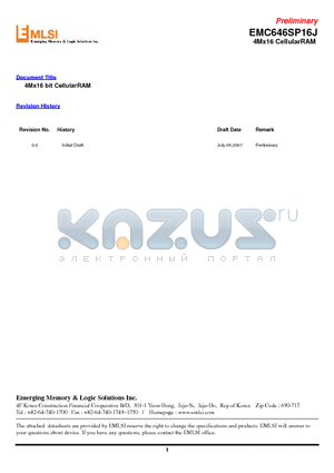 EMC646SP16JP-85LL datasheet - 4Mx16 bit CellularRAM