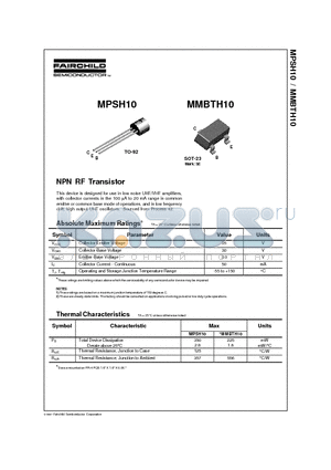 MPSH10 datasheet - NPN RF Transistor