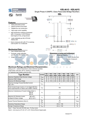 KBL401G_11 datasheet - Single Phase 4.0AMPS. Glass Passivated Bridge Rectifiers