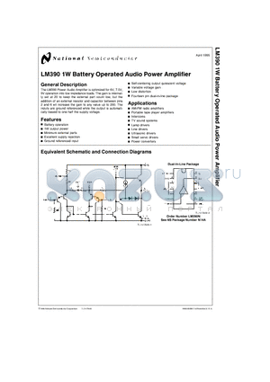 LM390N datasheet - LM390 1W Battery Operated Audio Power Amplifier