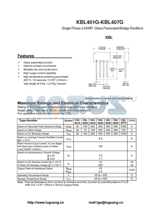 KBL401G datasheet - Single Phase 4.0AMP. Glass Passivated Bridge Rectifiers