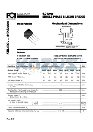 KBL402 datasheet - 4.0 Amp SINGLE PHASE SILICON BRIDGE