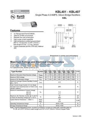 KBL402 datasheet - Single Phase 4.0 AMPS. Silicon Bridge Rectifiers