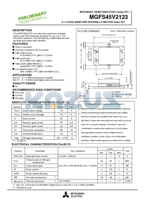 MGFS45V2123 datasheet - 2.1 - 2.3GHz BAND 30W INTERNALLY MATCHD GaAs FET