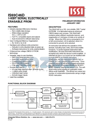 IS93C46D-2PI datasheet - 1-KBIT SERIAL ELECTRICALLY ERASABLE PROM