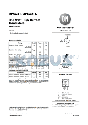 MPSW01ARLRPG datasheet - One Watt High Current Transistors NPN Silicon