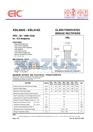 KBL404G datasheet - GLASS PASSIVATED
