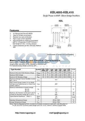 KBL404 datasheet - Single Phase 4.0AMP. Silicon Bridge Rectifiers