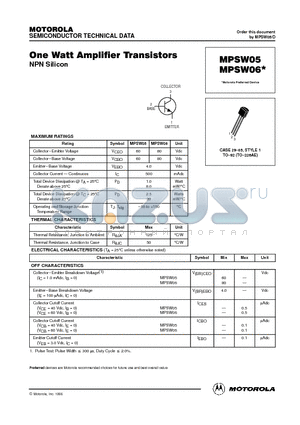 MPSW05 datasheet - One Watt Amplifier Transistors(NPN Silicon)