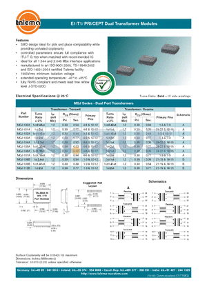 MGJ-104A datasheet - E1/T1/ PRI/CEPT Dual Transformer Modules