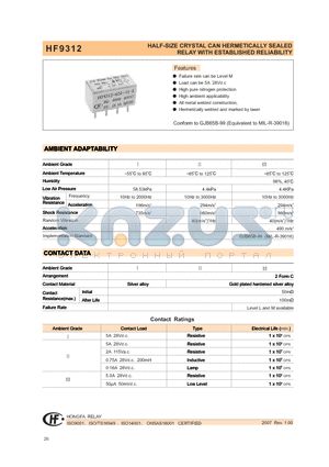 HF9312-009L34 datasheet - HALF-SIZE CRYSTAL CAN HERMETICALLY SEALED RELAY WITH ESTABLISHED RELIABILITY