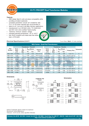 MGJ-100A datasheet - E1/T1/ PRI/CEPT Dual Transformer Modules