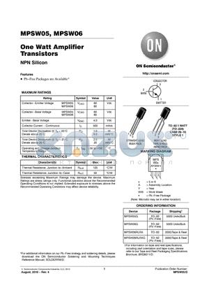 MPSW06RLRA datasheet - One Watt Amplifier Transistors