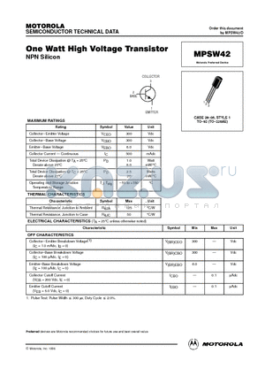 MPSW42 datasheet - One Watt High Voltage Transistor