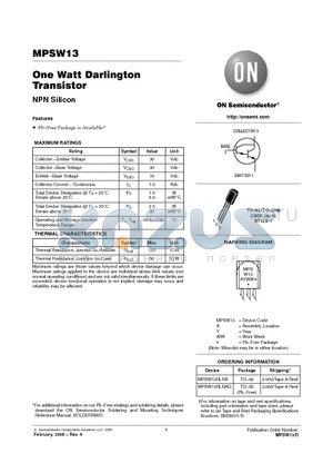 MPSW13RLRAG datasheet - One Watt Darlington Transistor NPN Silicon