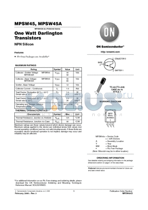 MPSW45ARLRAG datasheet - One Watt Darlington Transistors NPN Silicon