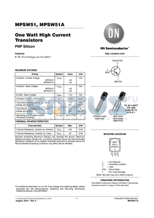 MPSW51AG datasheet - One Watt High Current Transistors