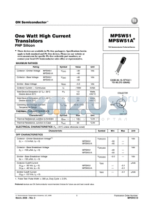 MPSW51A datasheet - One Watt High Current Transistors PNP Silicon