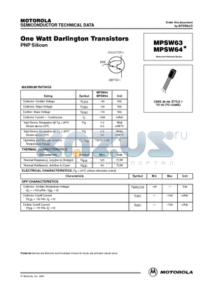 MPSW64 datasheet - One Watt Darlington Transistors(PNP Silicon)