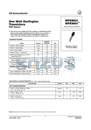 MPSW64 datasheet - One Watt Darlington Transistors PNP Silicon