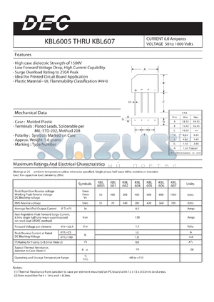 KBL6005 datasheet - CURRENT 6.0 Amperes VOLTAGE 50 to 1000 Volts