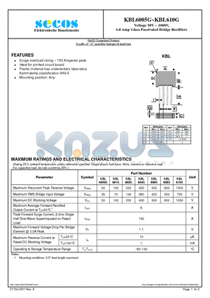 KBL6005G datasheet - Voltage 50V ~ 1000V, 6.0 Amp Glass Passivated Bridge Rectifiers