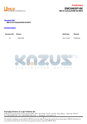 EMC646SP16KT-12L datasheet - 4Mx16 bit CellularRAM AD-MUX