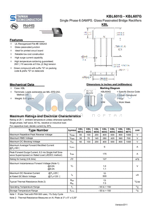 KBL601G datasheet - Single Phase 6.0AMPS. Glass Passivated Bridge Rectifiers