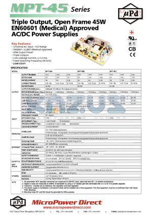 MPT-45C datasheet - Triple Output, Open Frame 45W EN60601 (Medical) Approved AC/DC Power Supplies