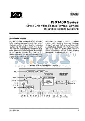 ISD1420S datasheet - Single-Chip Voice Record/Playback Devices 16-and 20-Second Durations