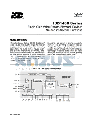 ISD1400 datasheet - Single-Chip Voice Record/Playback Devices 16-and 20-Second Durations