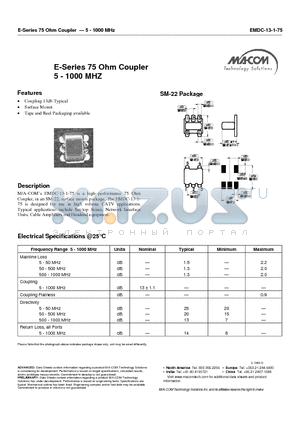EMDC-13-1-75 datasheet - E-Series 75 Ohm Coupler - 5 - 1000 MHz