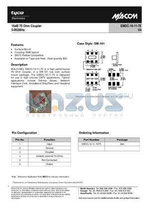 EMDC-16-11-75 datasheet - E-Series 75Ohm Coupler 5-862 MHz