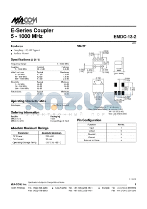 EMDC-13-2TR datasheet - E-Series Coupler 5 - 1000 MHz
