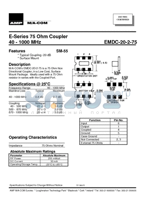EMDC-20-2-75 datasheet - E-Series 75Ohm Coupler 40-1000 MHz