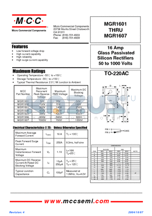 MGR1606 datasheet - 16 Amp Glass Passivated Silicon Rectifiers 50 to 1000 Volts