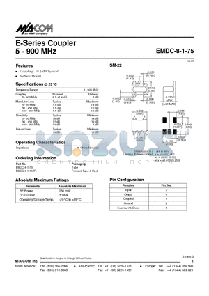 EMDC-8-1-75 datasheet - E-Series Coupler 5 - 900 MHz