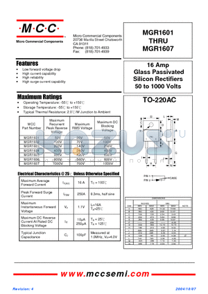 MGR1602 datasheet - 16 Amp Glass Passivated Silicon Rectifiers 50 to 1000 Volts