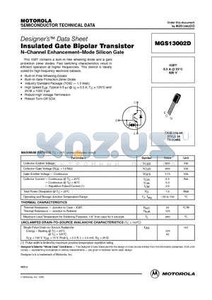 MGS13002DD datasheet - Insulated Gate Bipolar Transistor N-Channel Enhancement-Mode Silicon Gate