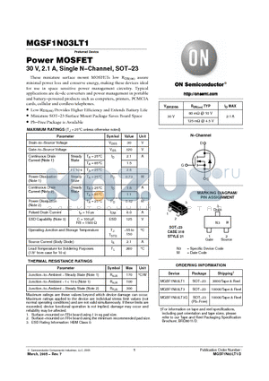 MGSF1N03LT3G datasheet - Power MOSFET 30 V, 2.1 A, Single N−Channel, SOT−23