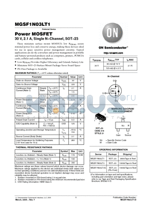 MGSF1N03LT3 datasheet - Power MOSFET 30 V, 2.1 A, Single N−Channel, SOT−23