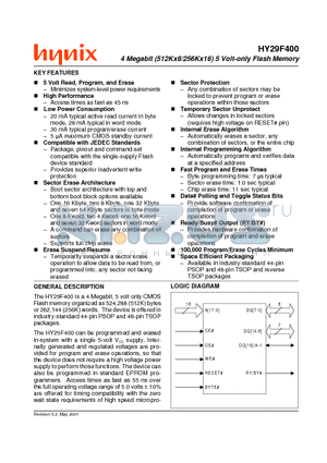 HY29F400TG70 datasheet - 4 Megabit (512Kx8/256Kx16) 5 Volt-only Flash Memory
