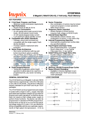 HY29F800ABG-70I datasheet - 8 Megabit (1Mx8/512Kx16), 5 Volt-only, Flash Memory