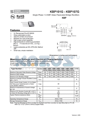 KBP105G datasheet - Single Phase 1.0 AMP. Glass Passivated Bridge Rectifiers