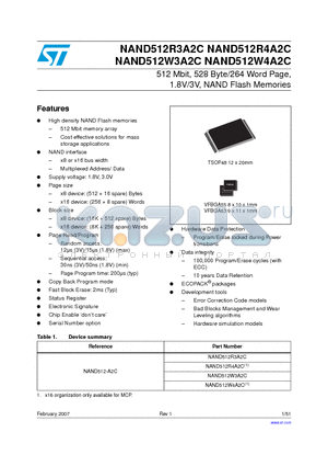 NAND512R3A2C datasheet - 512 Mbit, 528 Byte/264 Word Page, 1.8V/3V, NAND Flash Memories