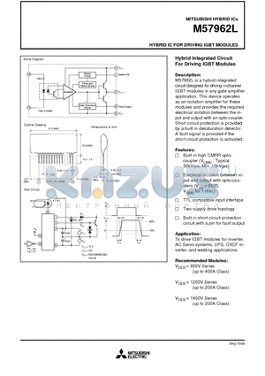 M57962 datasheet - HYBRID IC FOR DRIVING IGBT MODULES