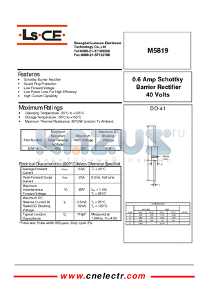 M5819 datasheet - 0.6Amp schottky barrier rectifier 40 volts