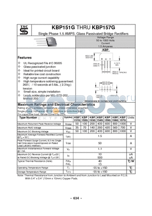 KBP155G datasheet - Single Phase 1.5 AMPS. Glass Passivated Bridge Rectifiers
