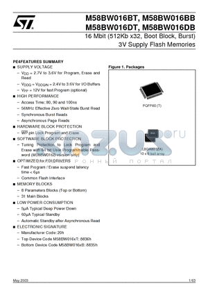 M58BW016BB100ZA6T datasheet - 16 Mbit 512Kb x32, Boot Block, Burst 3V Supply Flash Memories